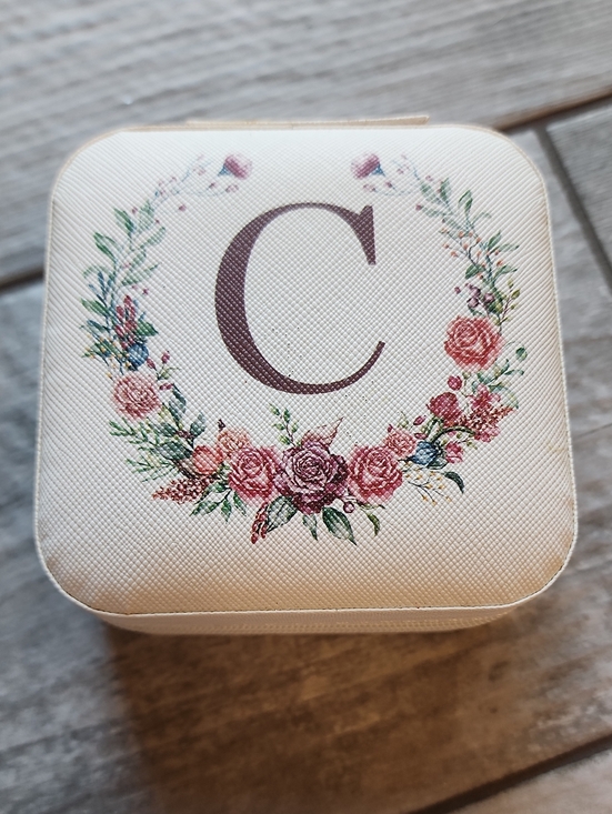 Other - Monogram 'C' Floral Jewelry Box - Cream with Pink Rose Wreath